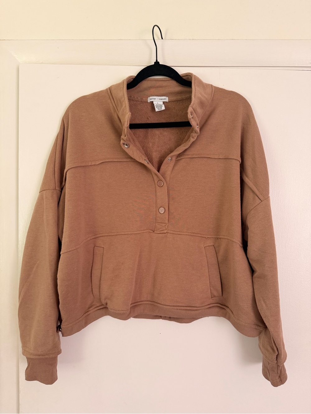 Better Together Lightweight Snap-Placket Pullover Sweatshirt in Tan